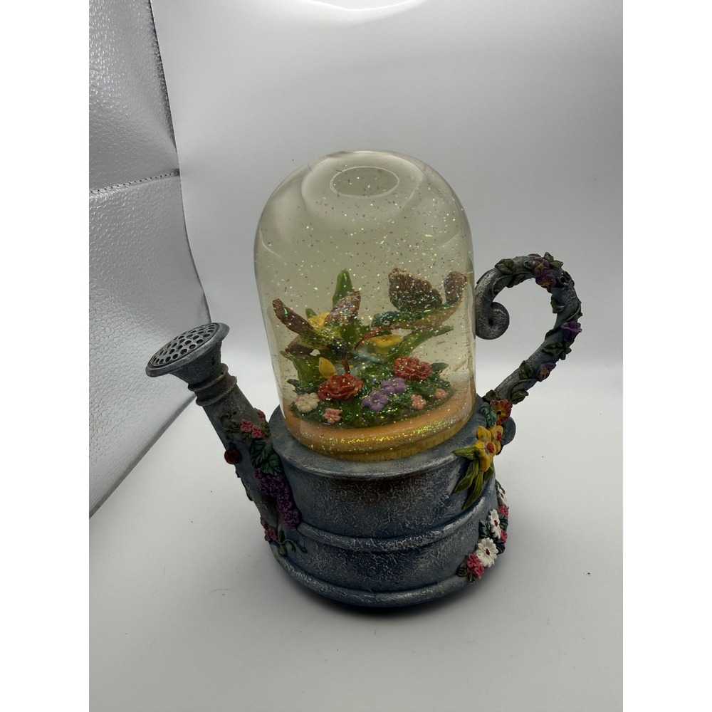 Hummingbird Watering Can Musical Snow Globe Glitter Floral Garden Decor Tested